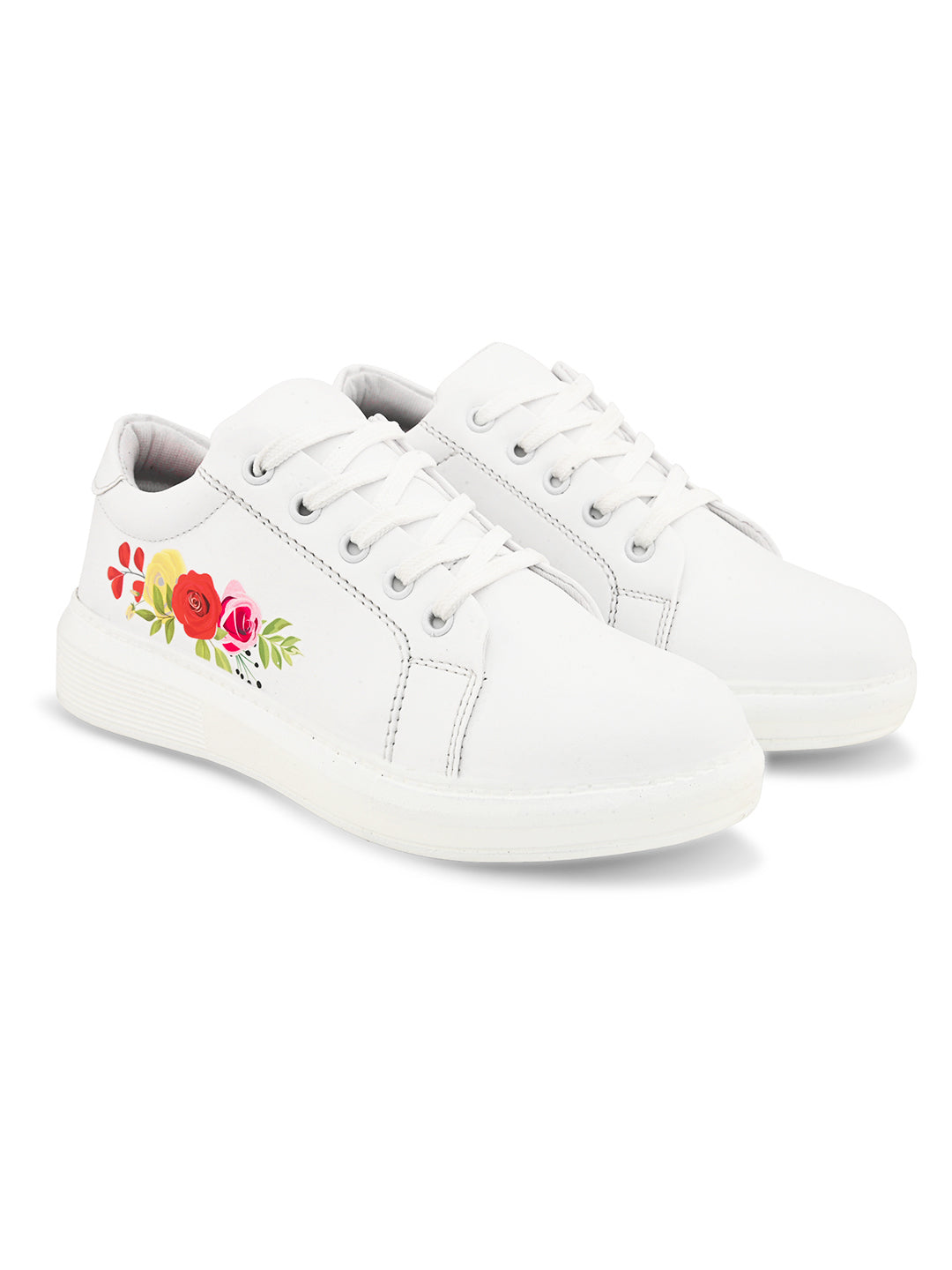 White Shoes with Multicolor Flowers - Trendy Sneakers