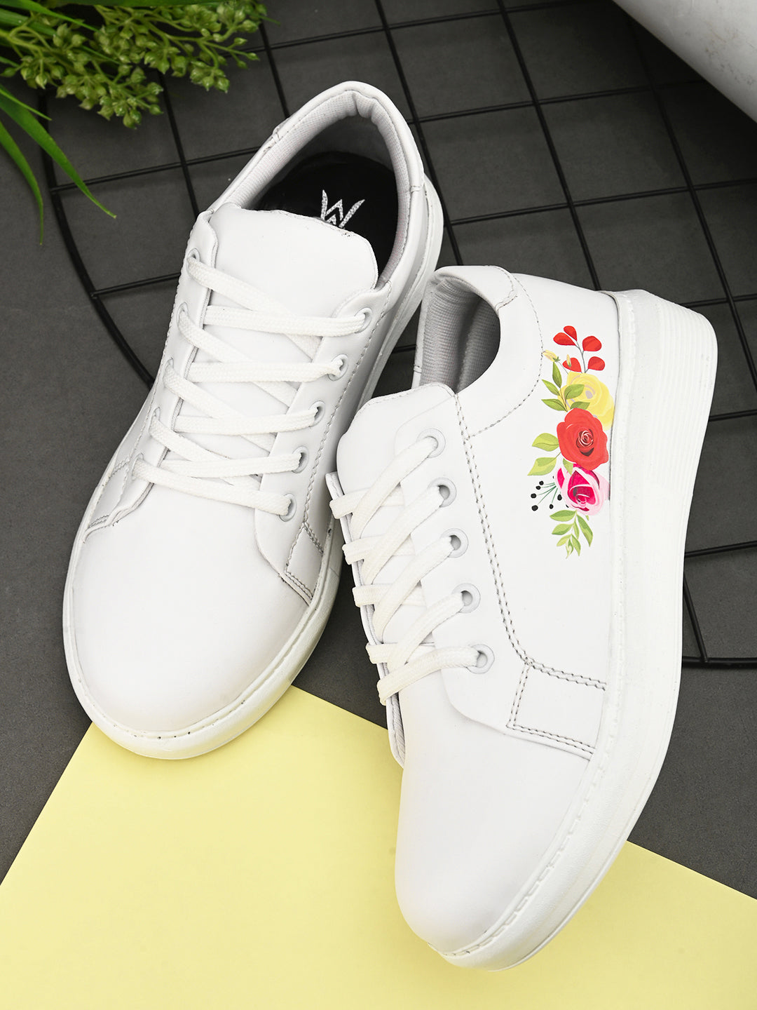 White Shoes with Multicolor Flowers - Trendy Sneakers