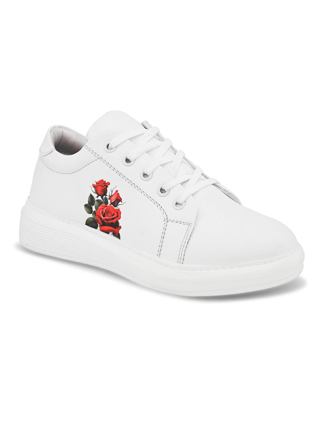 White Casual Sneakers with Red Floral Print