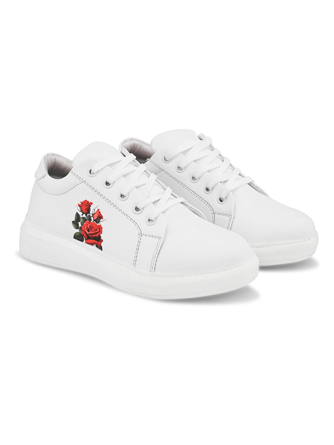 White Casual Sneakers with Red Floral Print