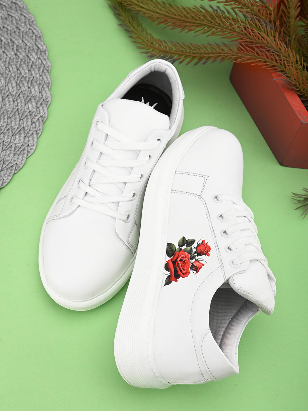 White Casual Sneakers with Red Floral Print