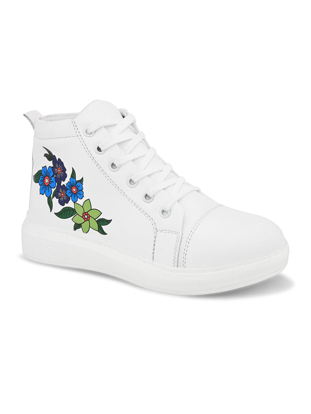 White High Top Sneakers with Blue Floral Design