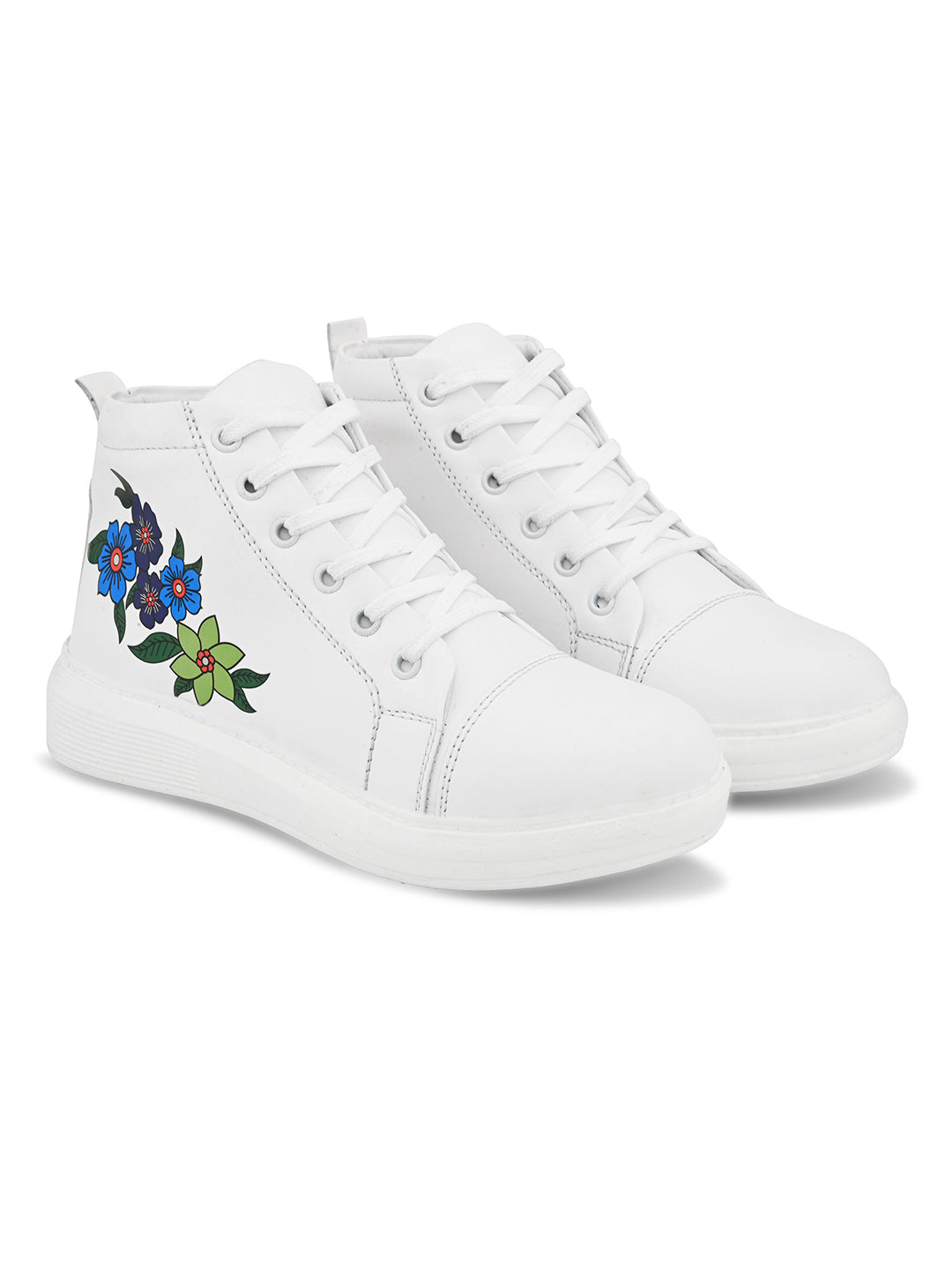 White High Top Sneakers with Blue Floral Design