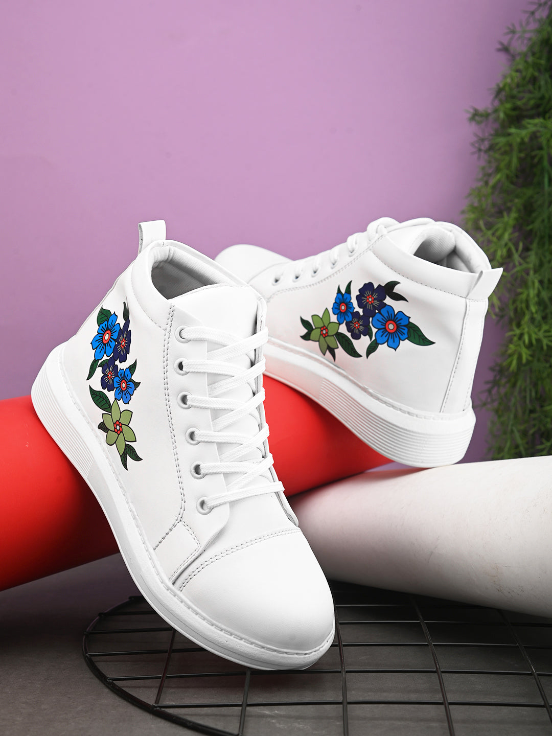 White High Top Sneakers with Blue Floral Design
