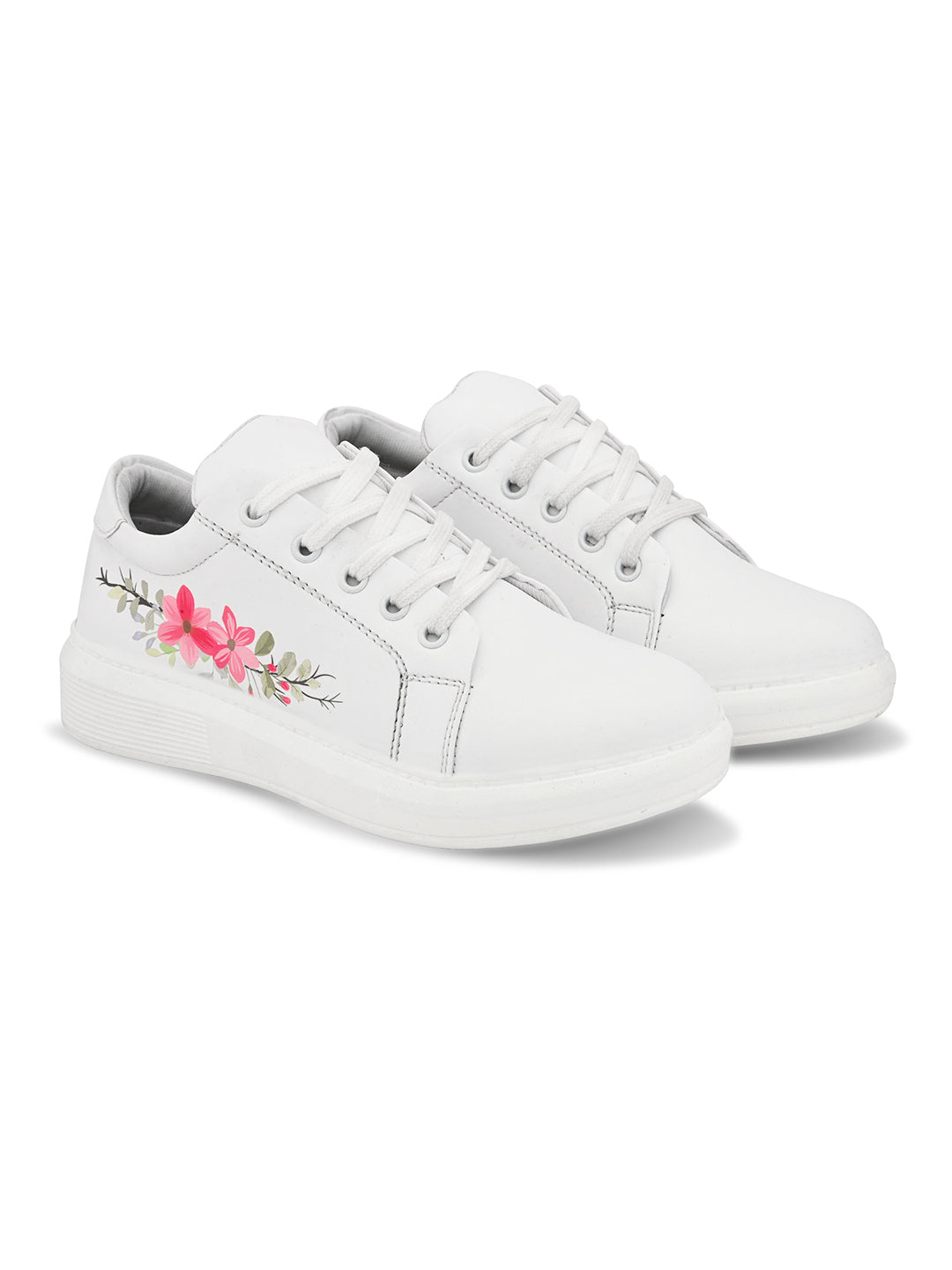 White Shoes with Pink Flowers - Stylish Floral Sneakers