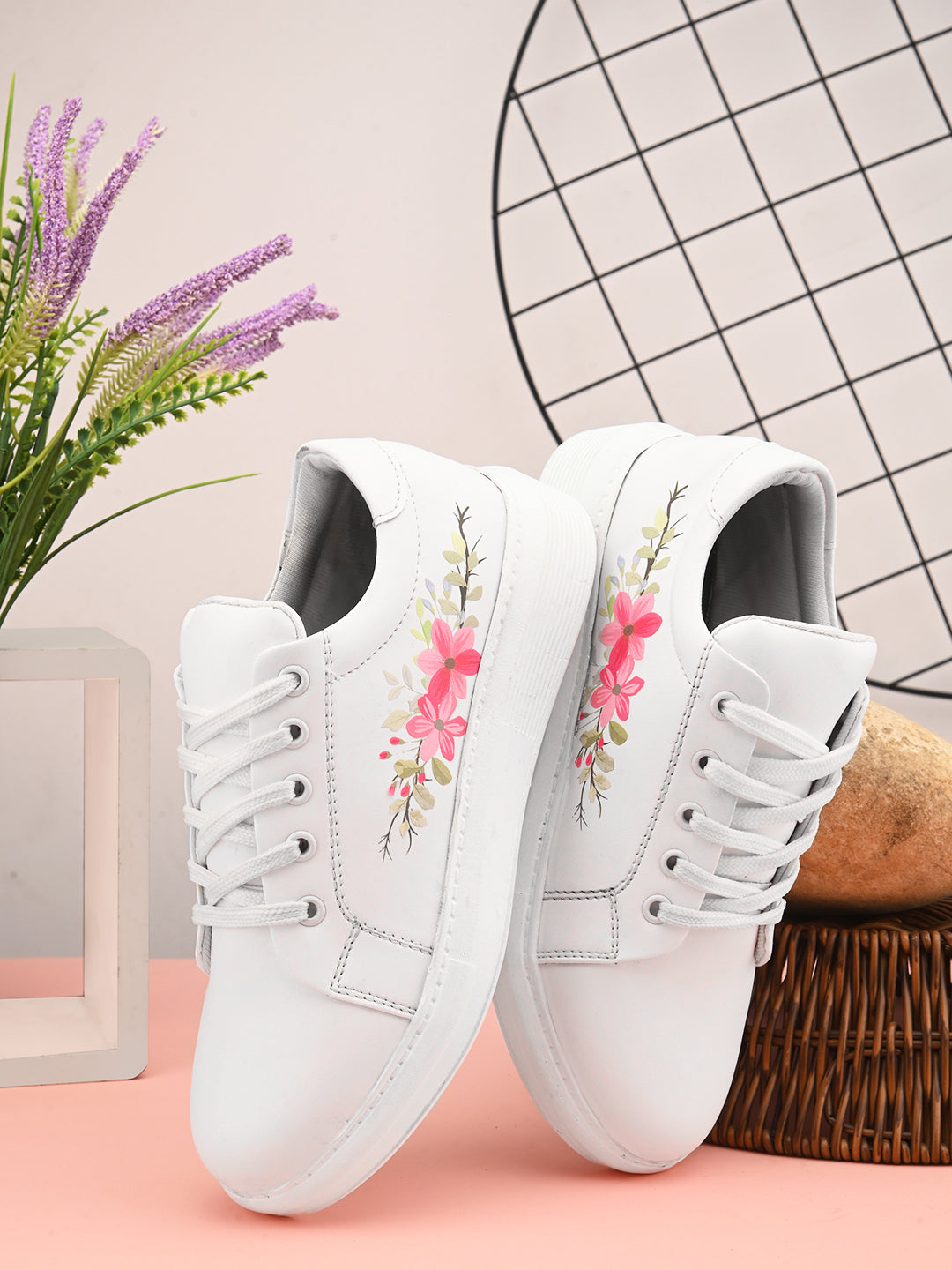 White Shoes with Pink Flowers - Stylish Floral Sneakers