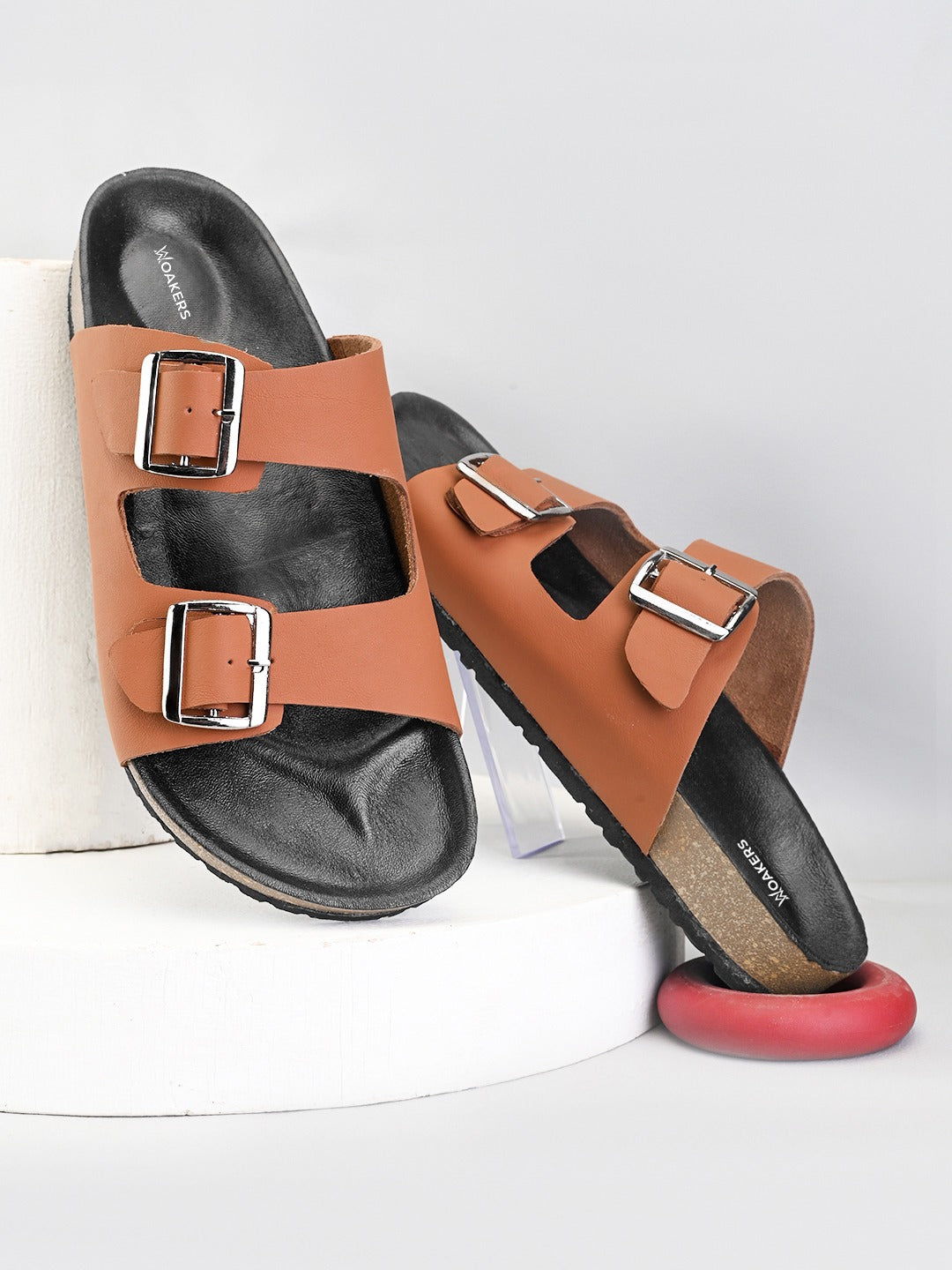Woakers Stylish Brown Double Buckle Leather Slippers for Men
